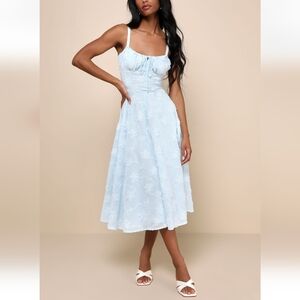 Lulus NWT Darling Confidence Light Blue Rosette Bustier Lace-Up Midi Dress